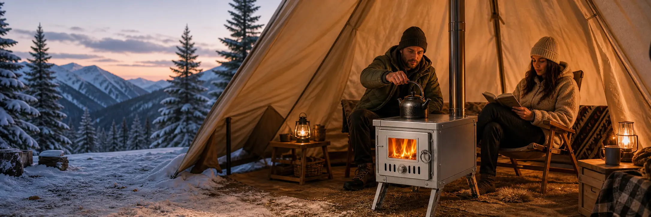 Illustrative stainless-steel tent stove with a front glass window
