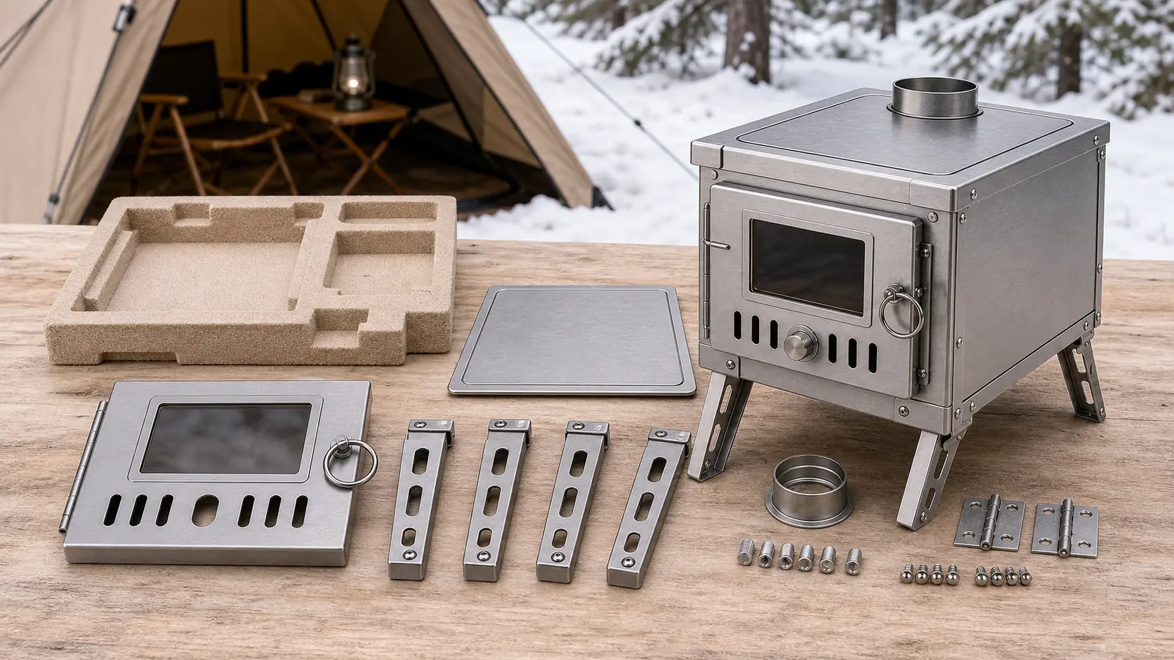 Illustrative detail view of Portable Stainless Steel Tent Stove with Glass Door