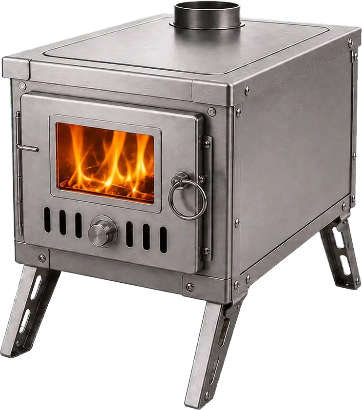 Portable Stainless Steel Tent Stove with Glass Door configuration shown