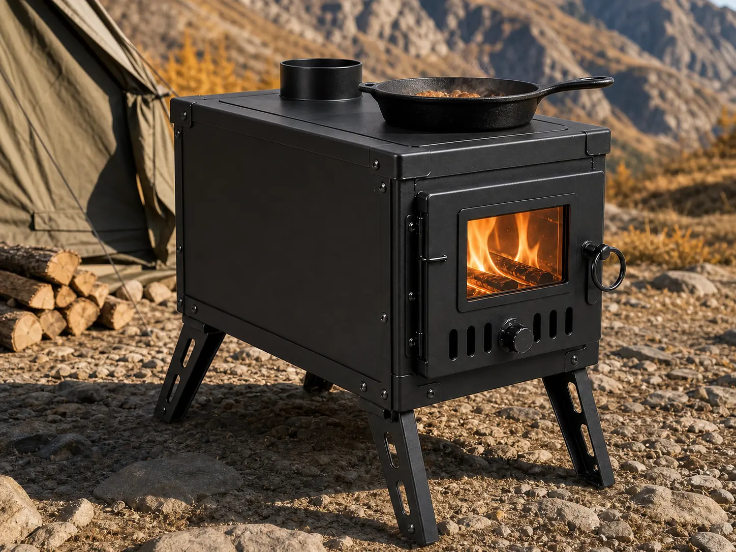 Heavy-Gauge Steel Tent Stove with Glass Door configuration shown
