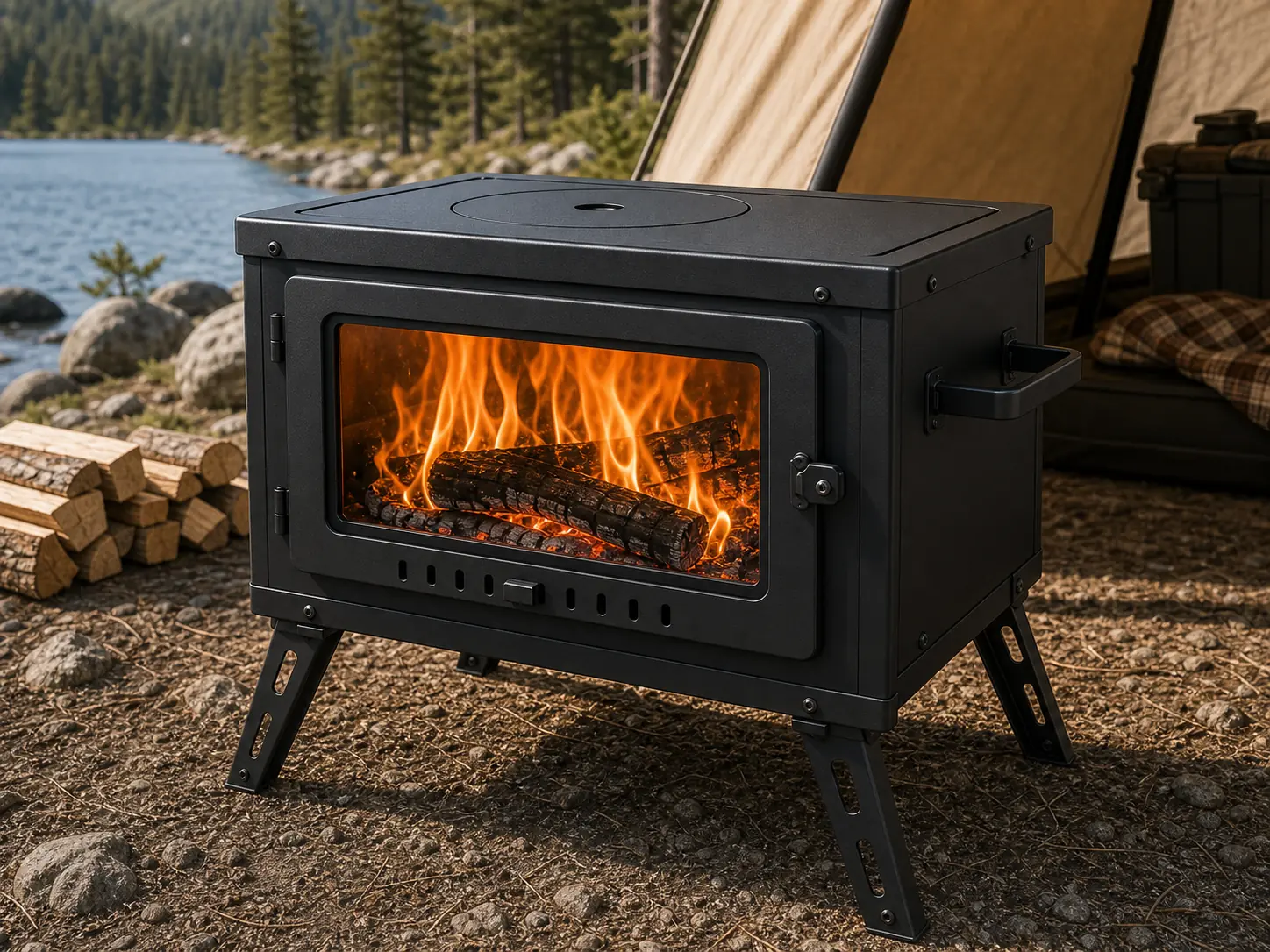 Illustrative product view of Wood-Burning Tent Stove with Large Viewing Window