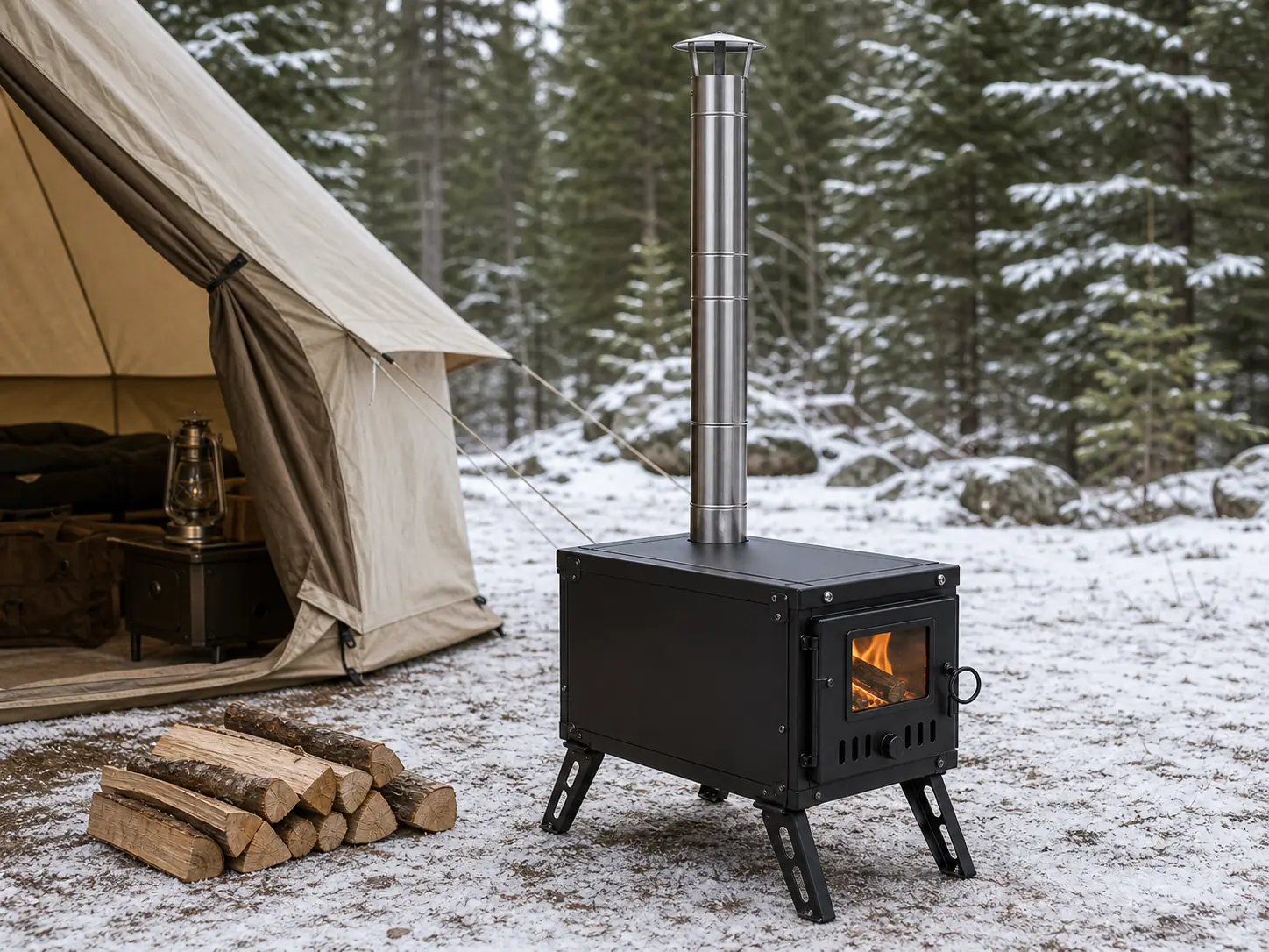 Portable Hot-Tent Stove with Chimney configuration shown