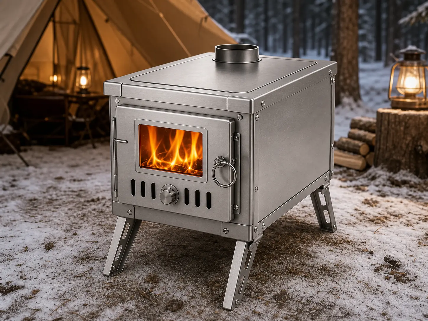 Illustrative product view of Portable Stainless Steel Tent Stove with Glass Door