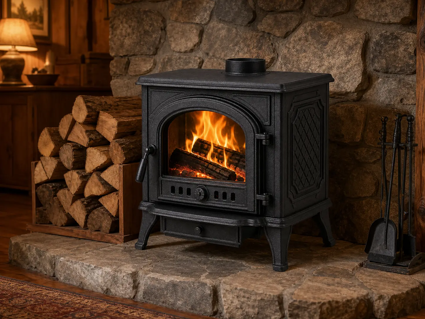 Cast Iron Wood-Burning Fireplace Stove configuration shown