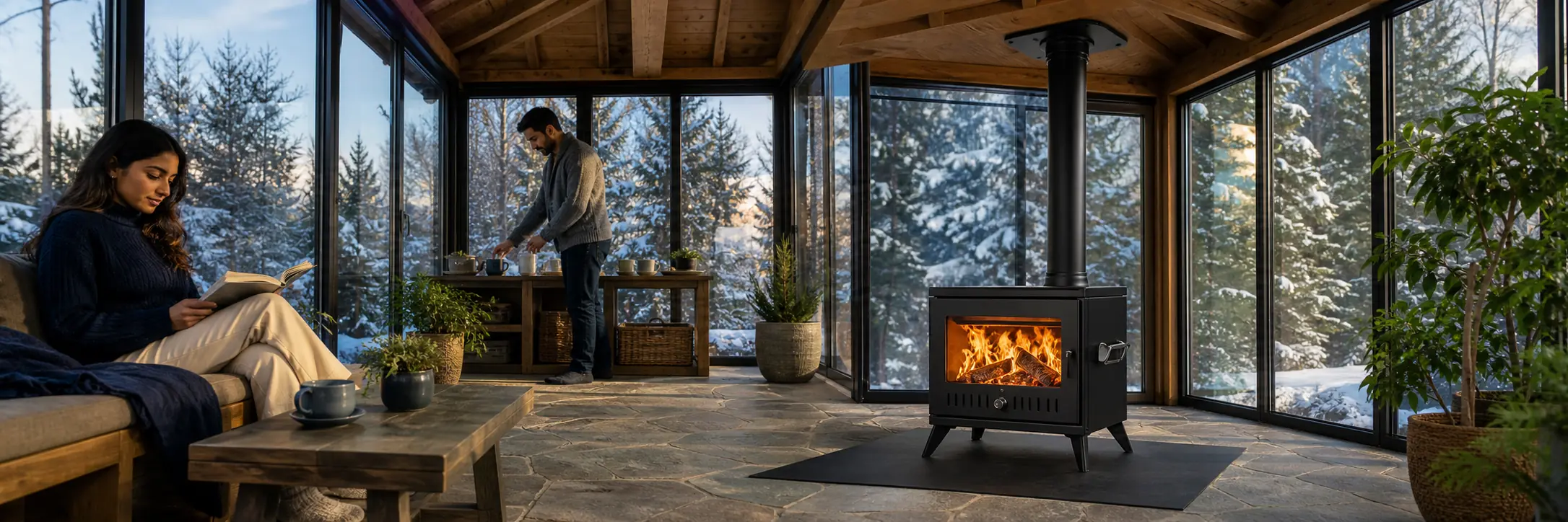 Illustrative coated-steel outdoor fireplace stove with viewing door