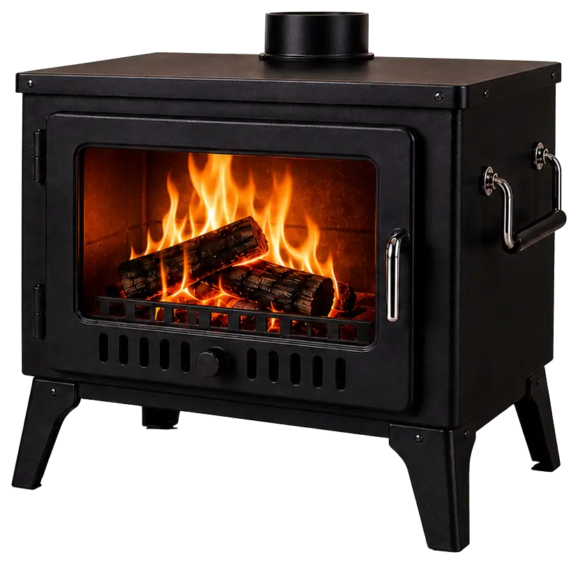 Compact Outdoor Wood Heater with Glass Door configuration shown