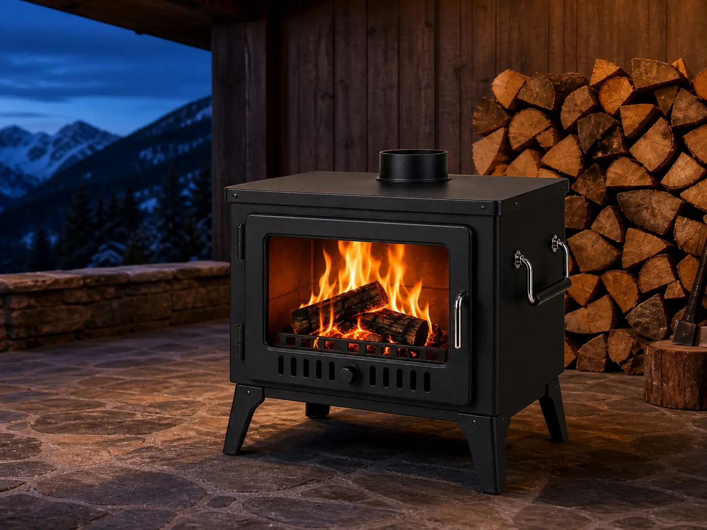 Compact Outdoor Wood Heater with Glass Door