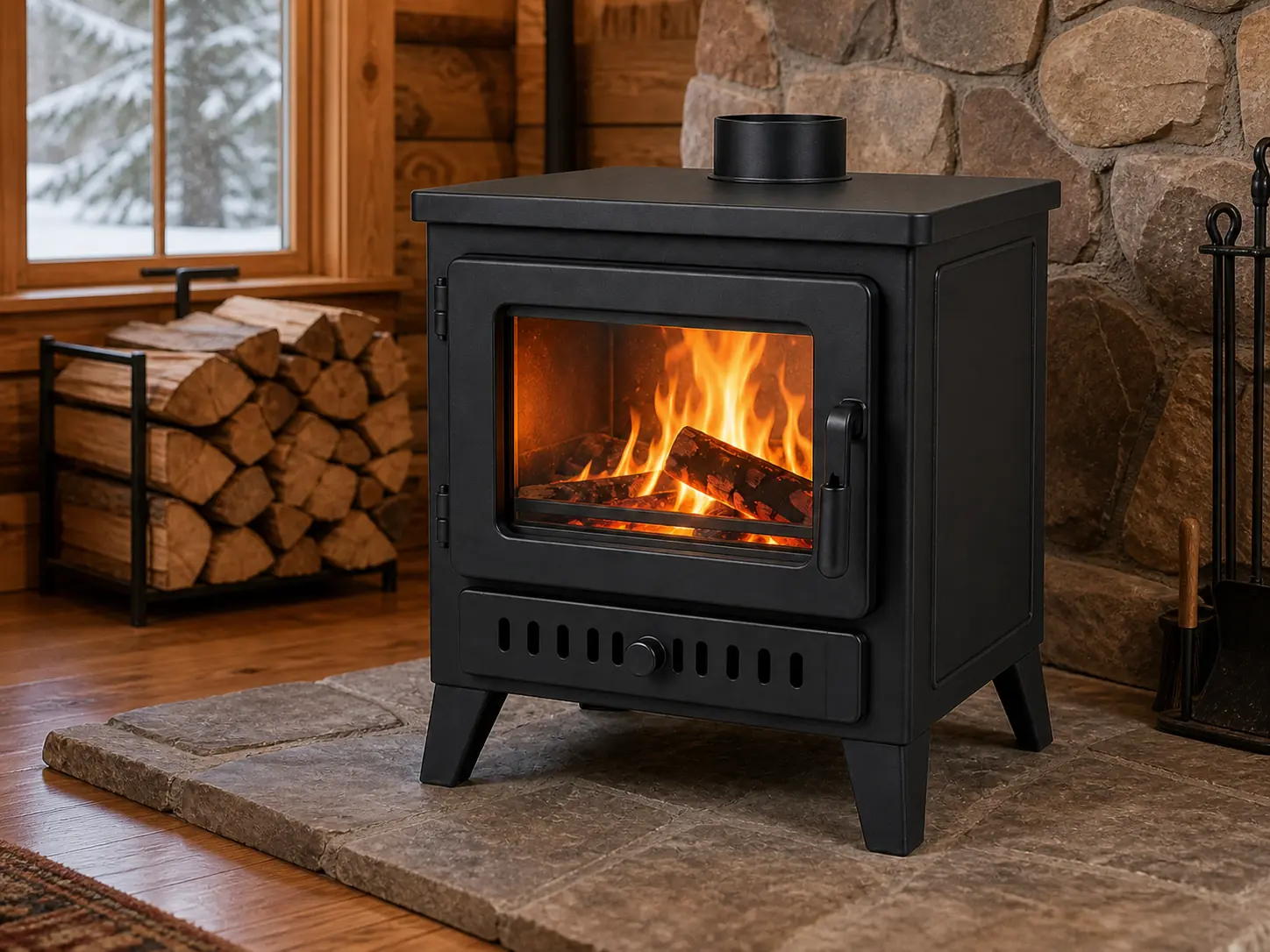Steel-Bodied Cabin Wood Stove configuration shown