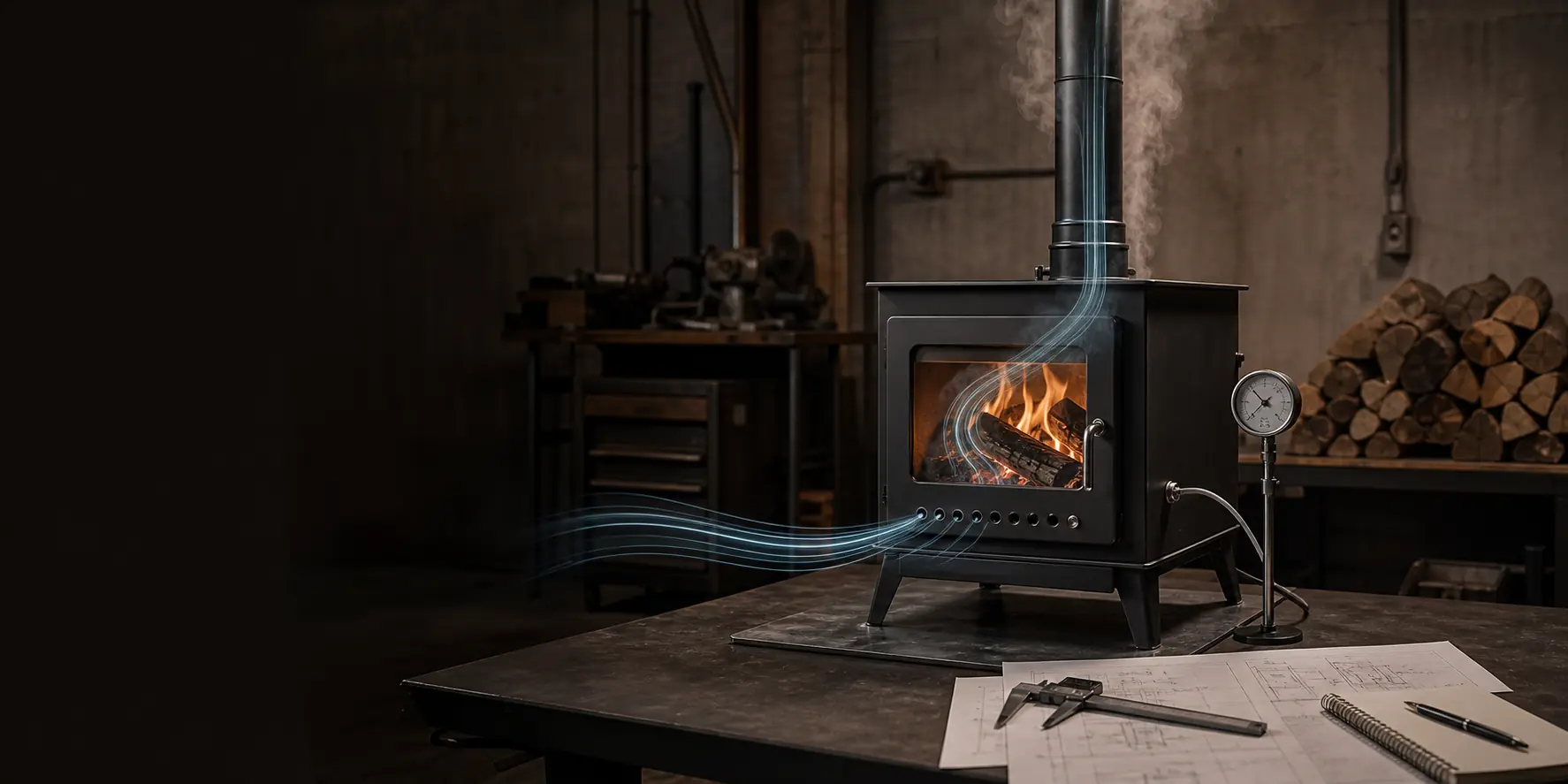 Illustrative outdoor stove airflow review showing chimney routing, intake openings, and design tools