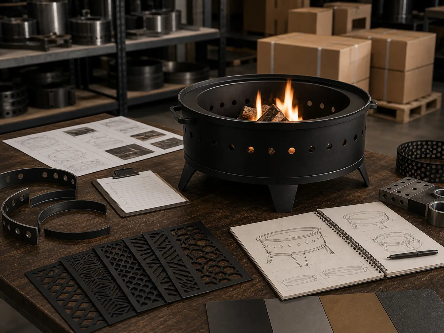 Illustrative custom fire pit planning scene with modular parts, drawings, and packaging materials