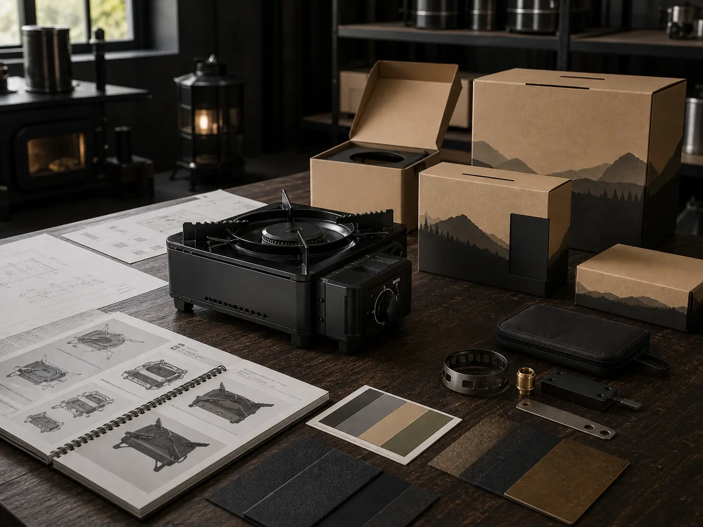 Illustrative private-label camp stove planning scene with packaging, drawings, finish samples, and accessories