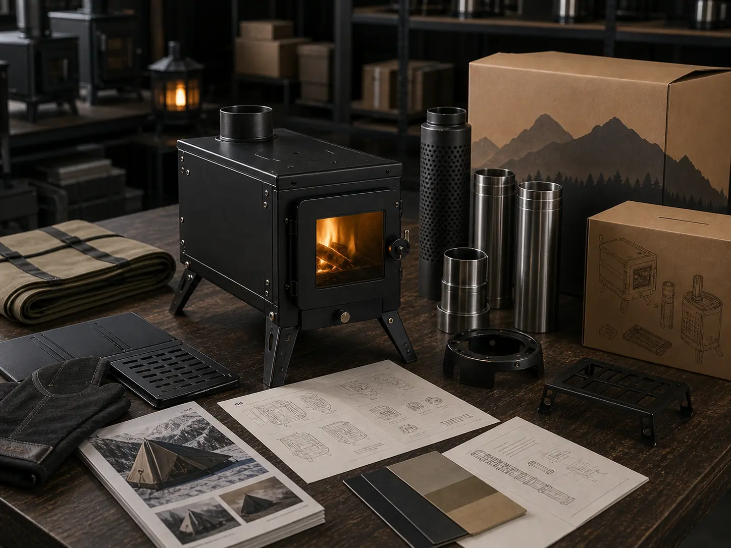 Illustrative tent stove export-planning scene with chimney accessories, packaging, and product documents