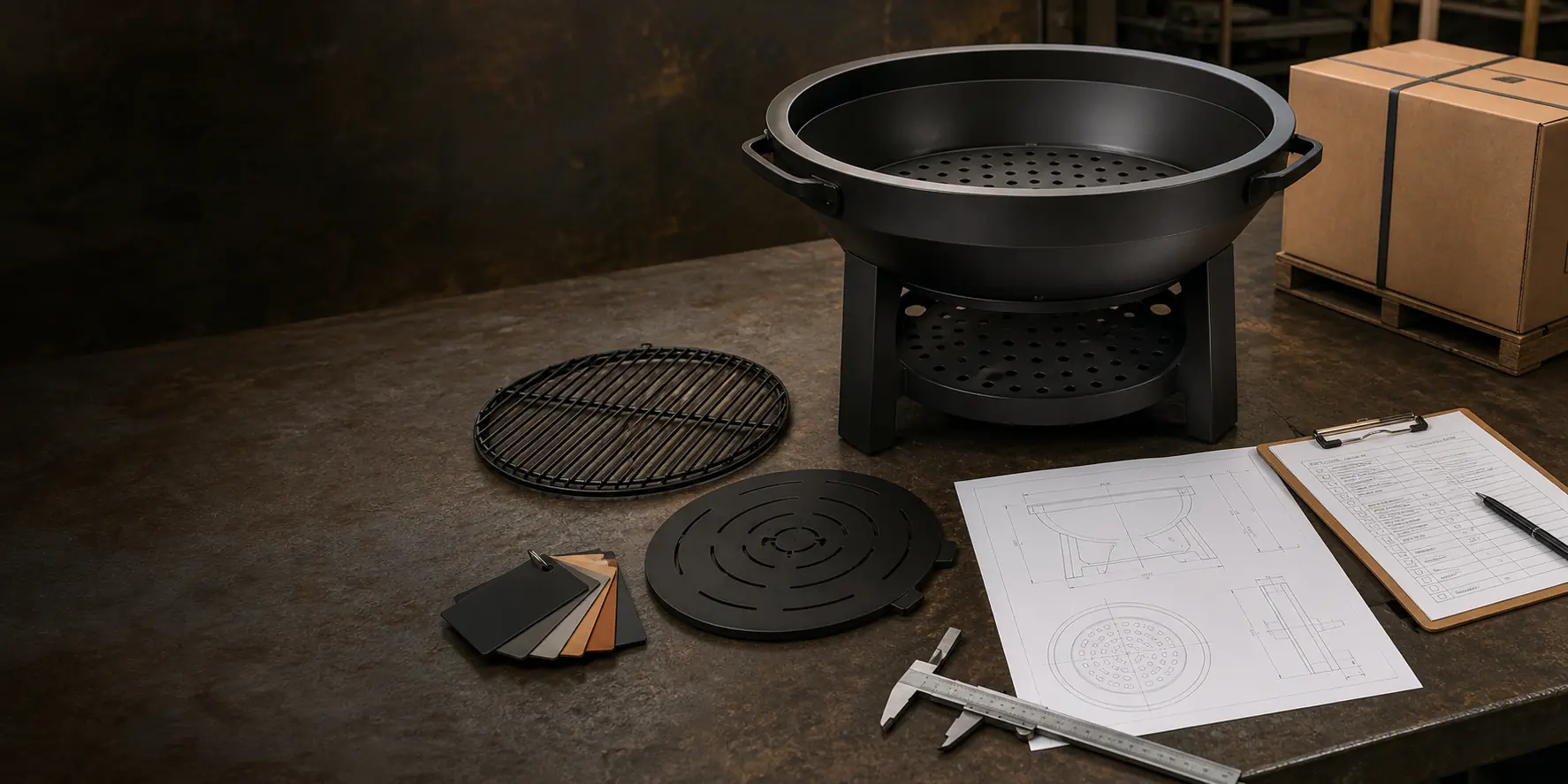 Illustrative custom fire pit planning scene with modular parts, drawings, and packaging materials