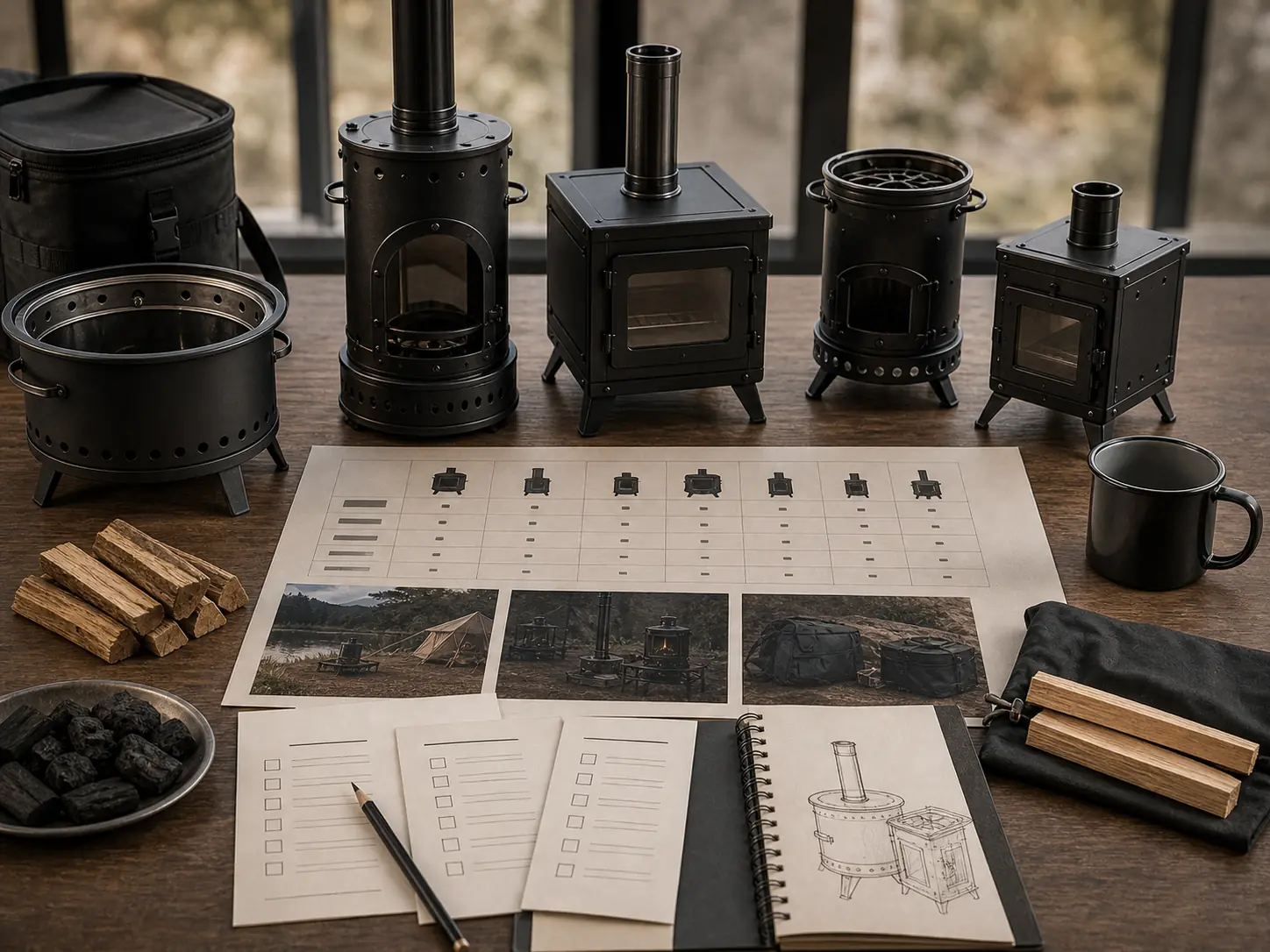 Illustrative outdoor stove buying-guide desk with product samples, fuel, packing gear, and checklists