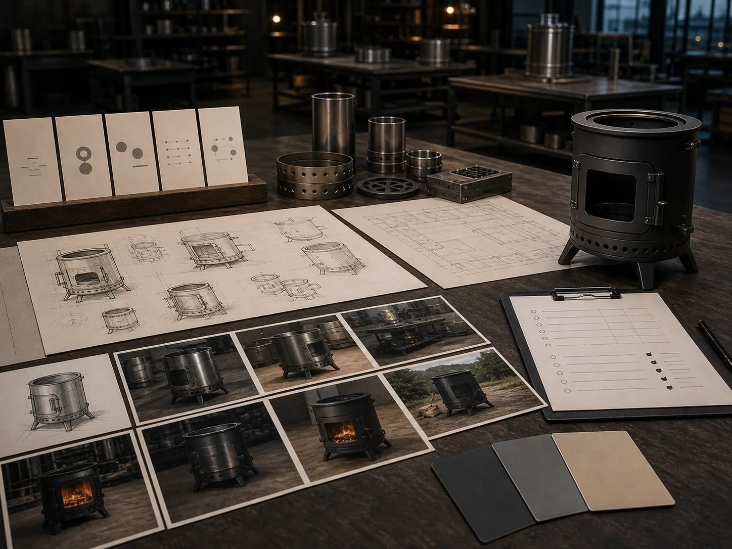 Illustrative outdoor stove project-planning table with concept sketches, sample parts, and requirement documents