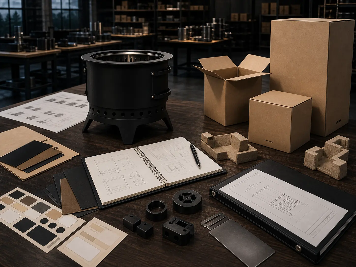 Illustrative OEM outdoor stove planning table with a sample stove, packaging, finish swatches, and documents