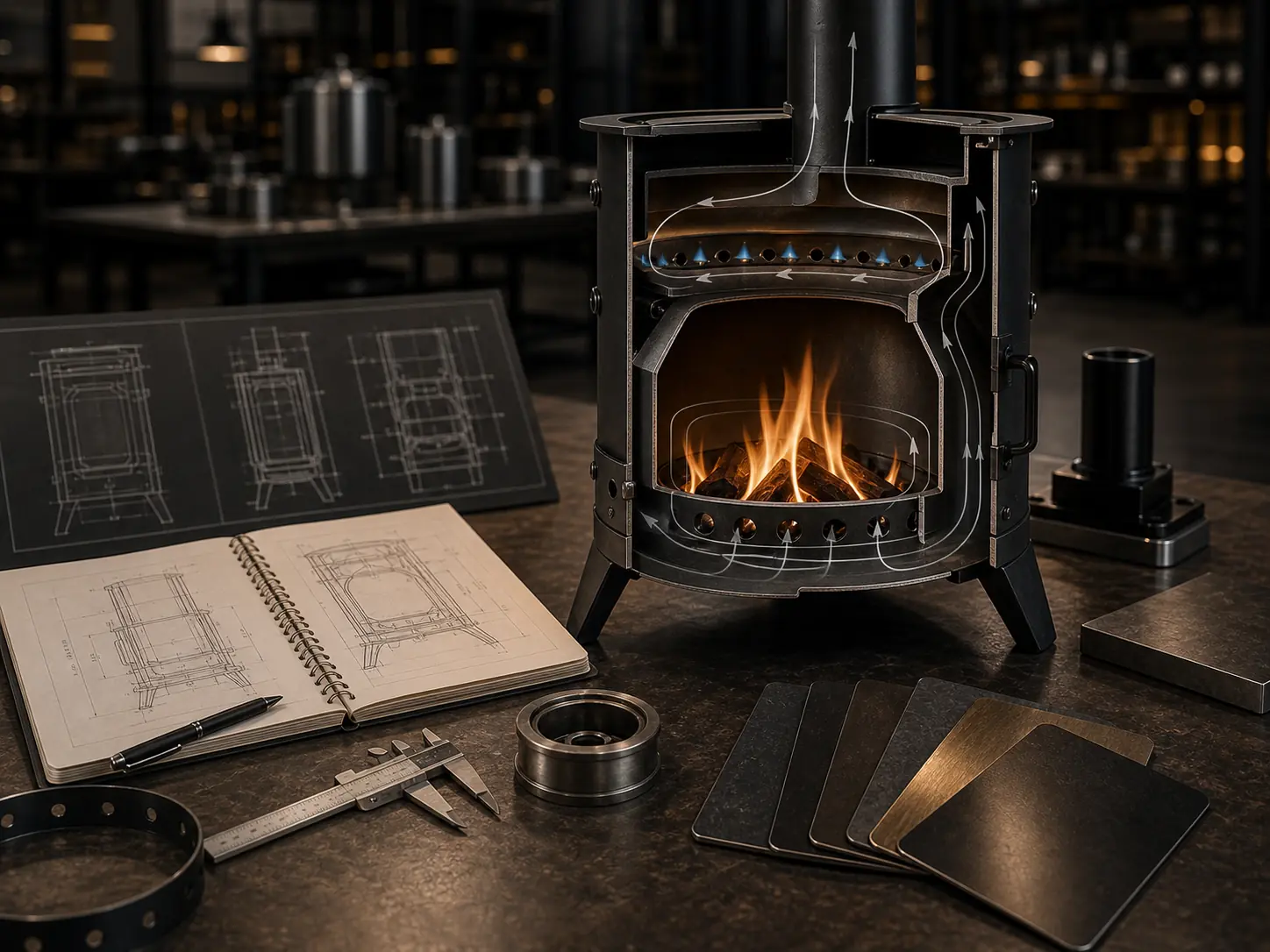 Illustrative outdoor stove cutaway with airflow concepts, engineering sketches, and material swatches