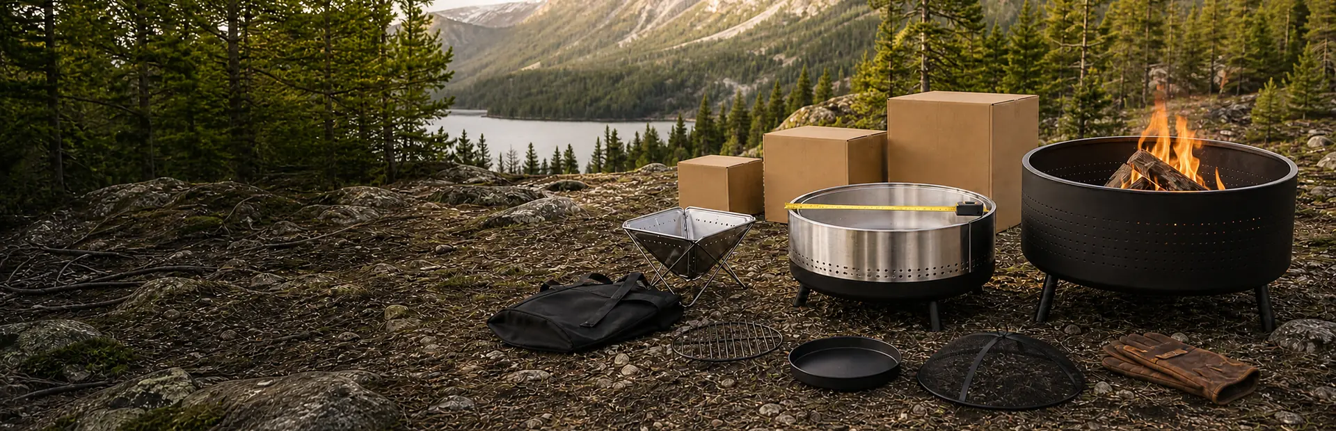 Outdoor fire pit setup for camping and backyard cooking with warm flame and seating area