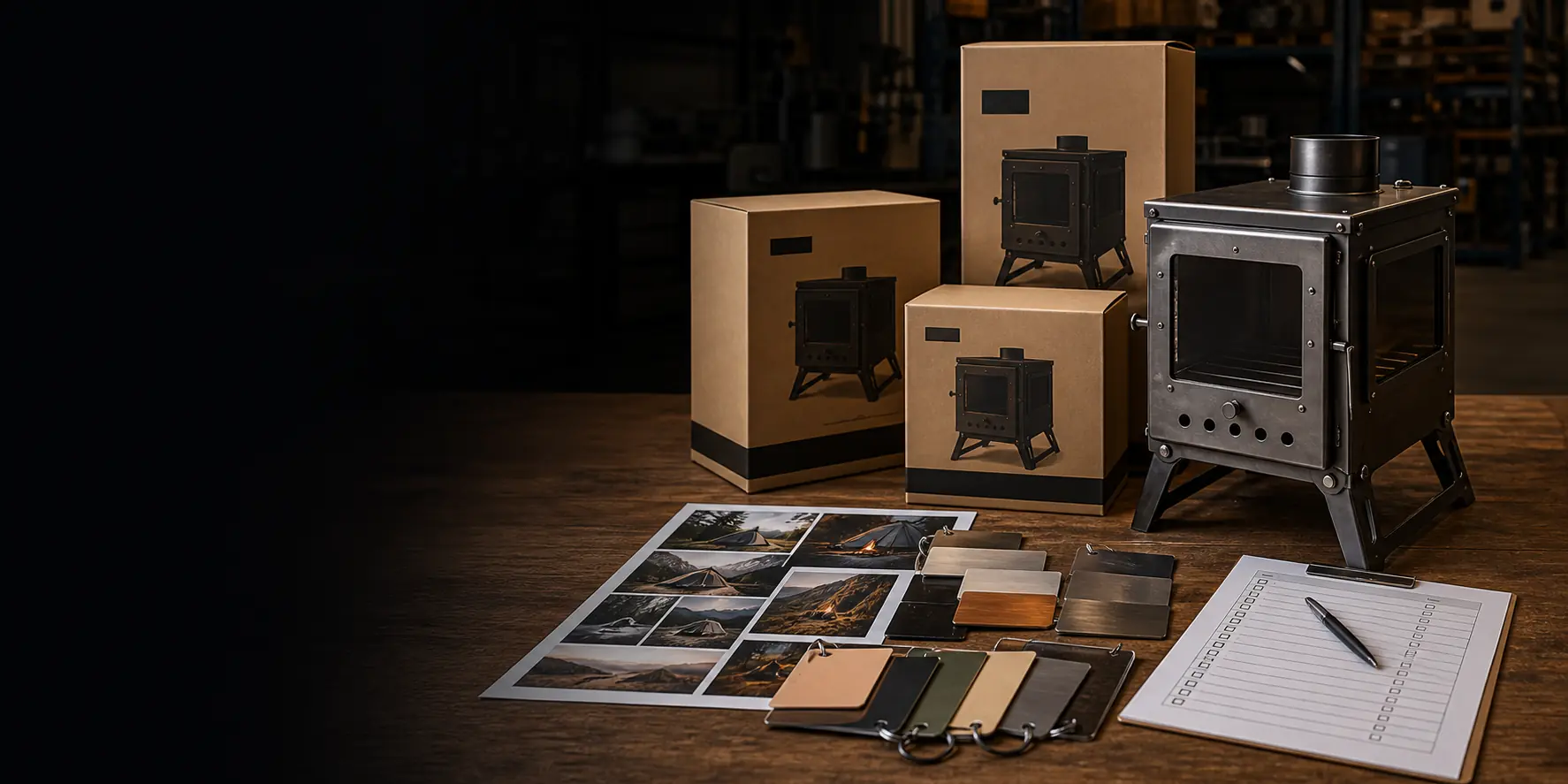 Outdoor stove factory showroom with product samples for brand planning