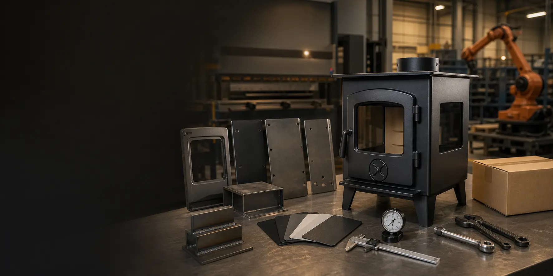 Outdoor stove manufacturing process from formed metal parts through welding, coating, assembly, inspection, and export packing