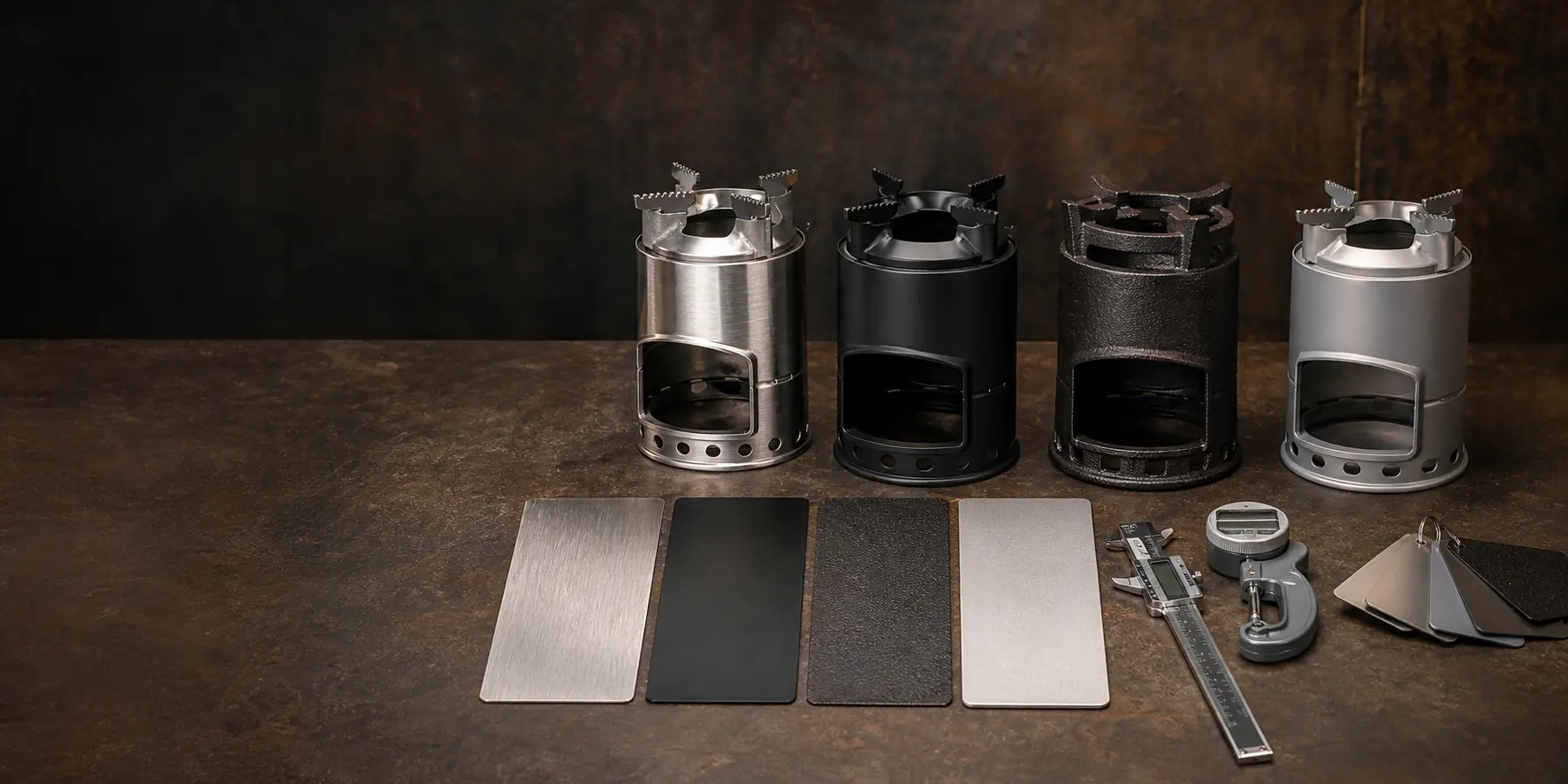 Outdoor stove material comparison with stainless steel, coated steel, cast iron texture, lightweight alloy, and measuring tools