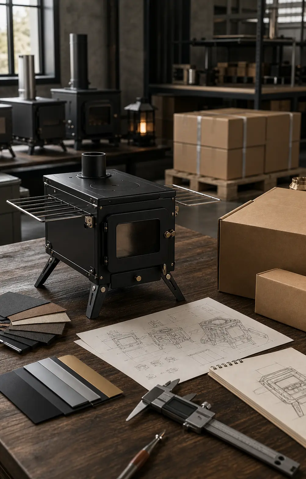 Illustrative OEM and ODM planning table with an outdoor stove sample, packaging, drawings, and material swatches
