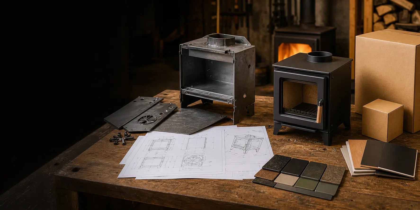 Illustrative outdoor stove product review setting with samples, packaging, and production context