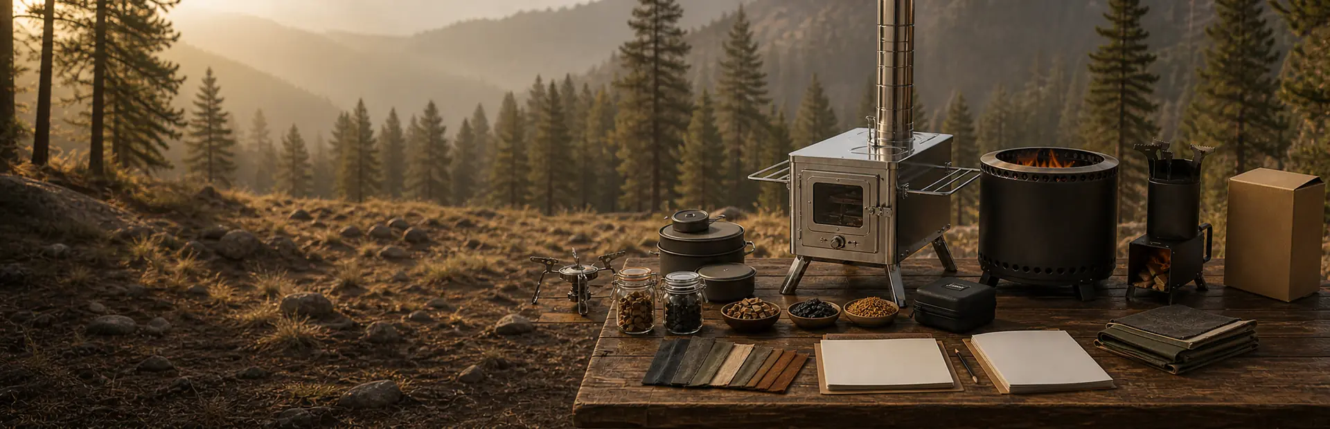 Outdoor stove buying guide comparison desk with product samples, fuel samples, packing gear, and checklist sheets
