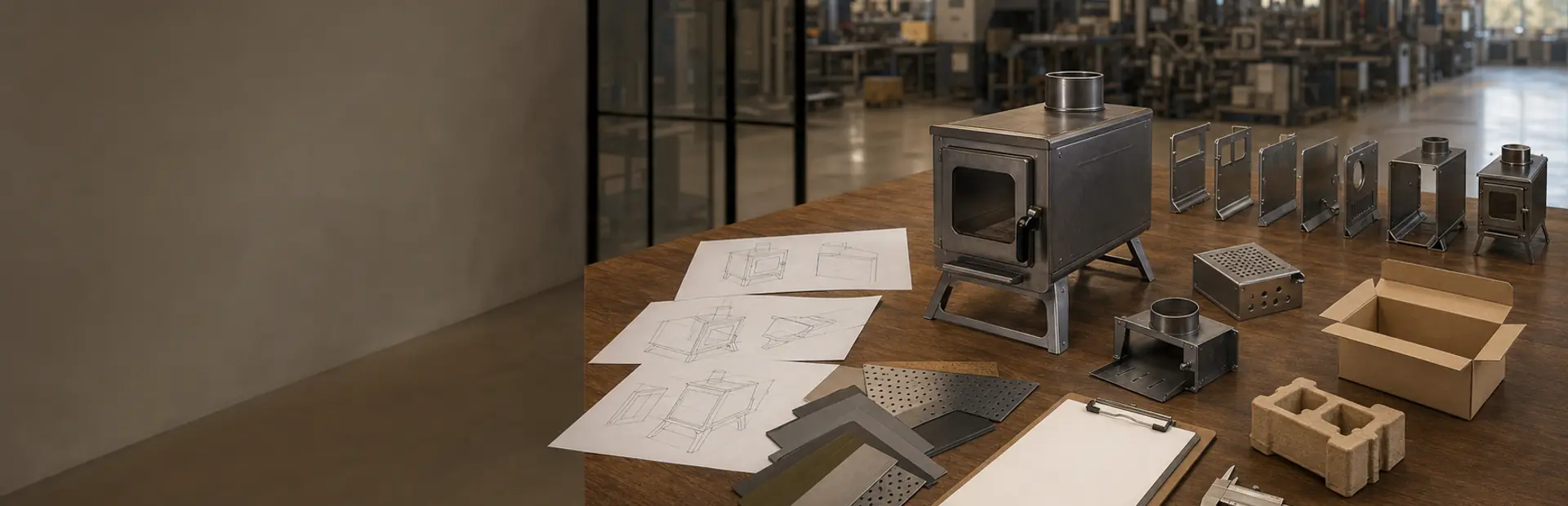 Illustrative outdoor stove planning table with concept sketches, sample parts, and requirement documents