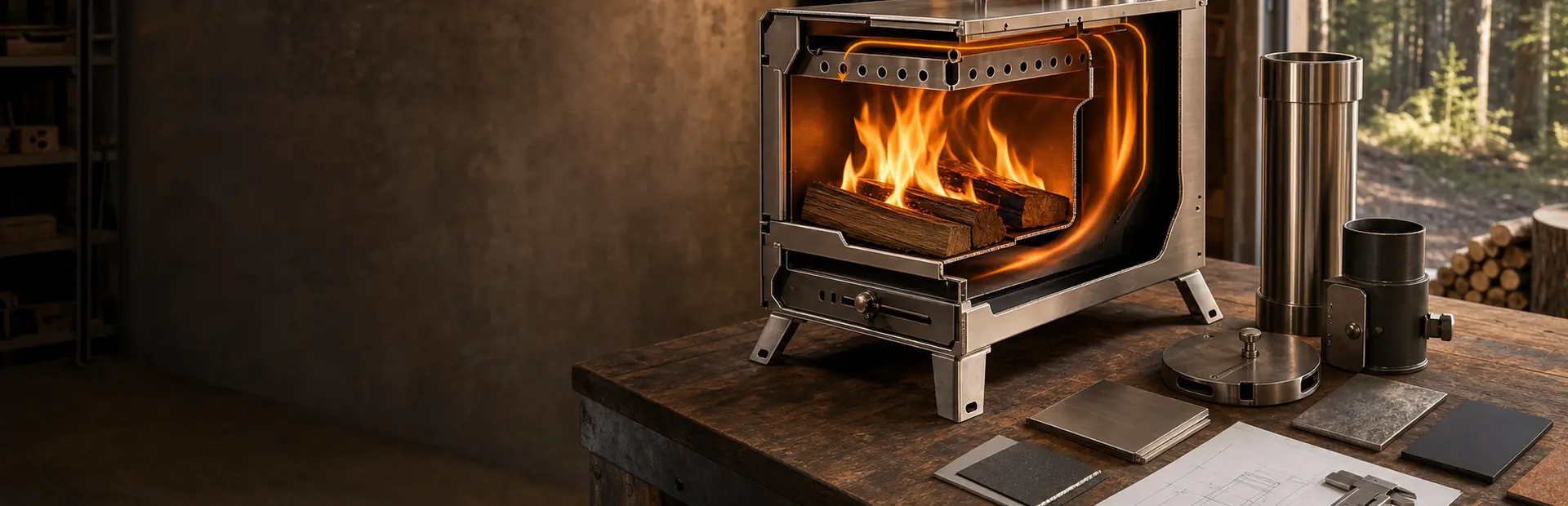 Illustrative outdoor stove cutaway with airflow paths, combustion zones, design sketches, and material swatches