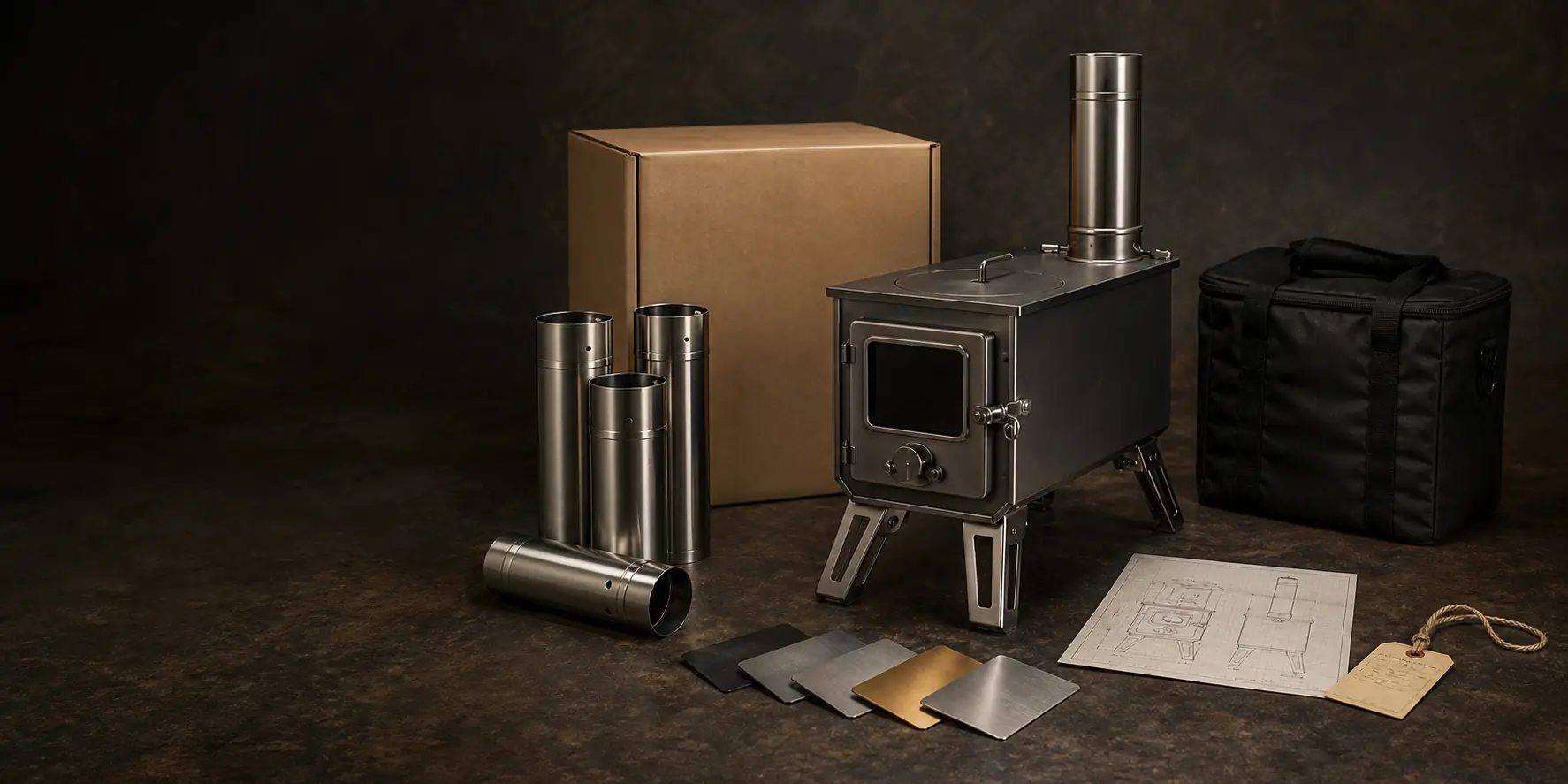 Illustrative private-label camp stove planning scene with packaging, drawings, finish samples, and accessories