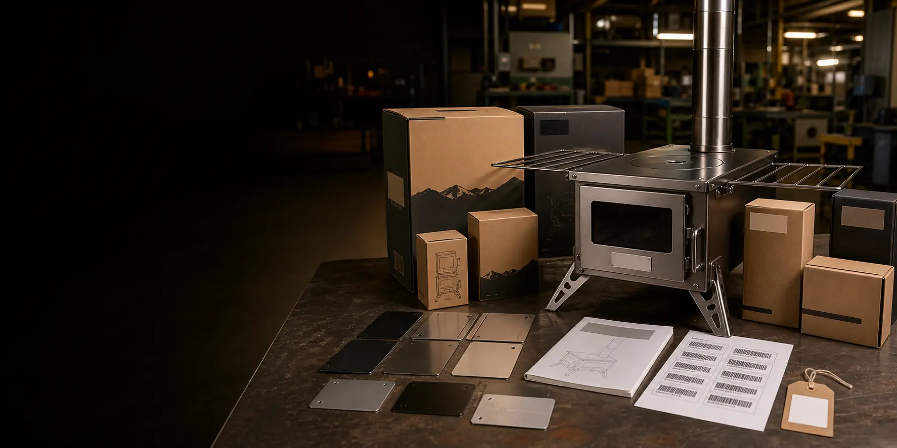 Private-label outdoor stove branding and packaging planning desk