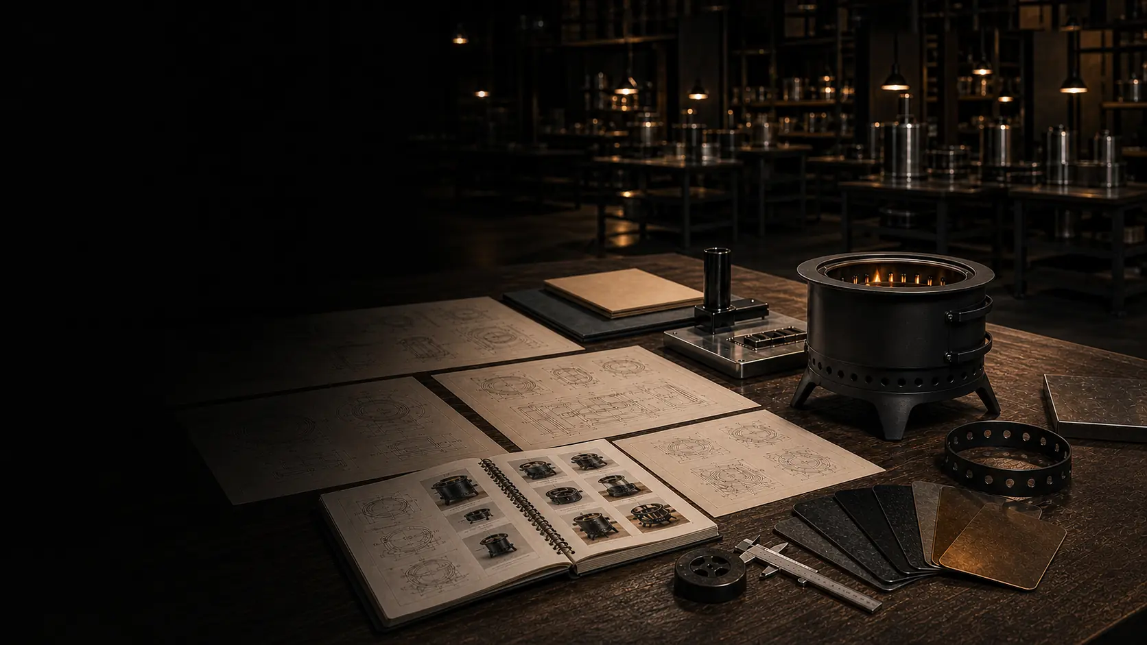 Illustrative outdoor stove resource desk with product drawings, catalog pages, and a black steel fire pit