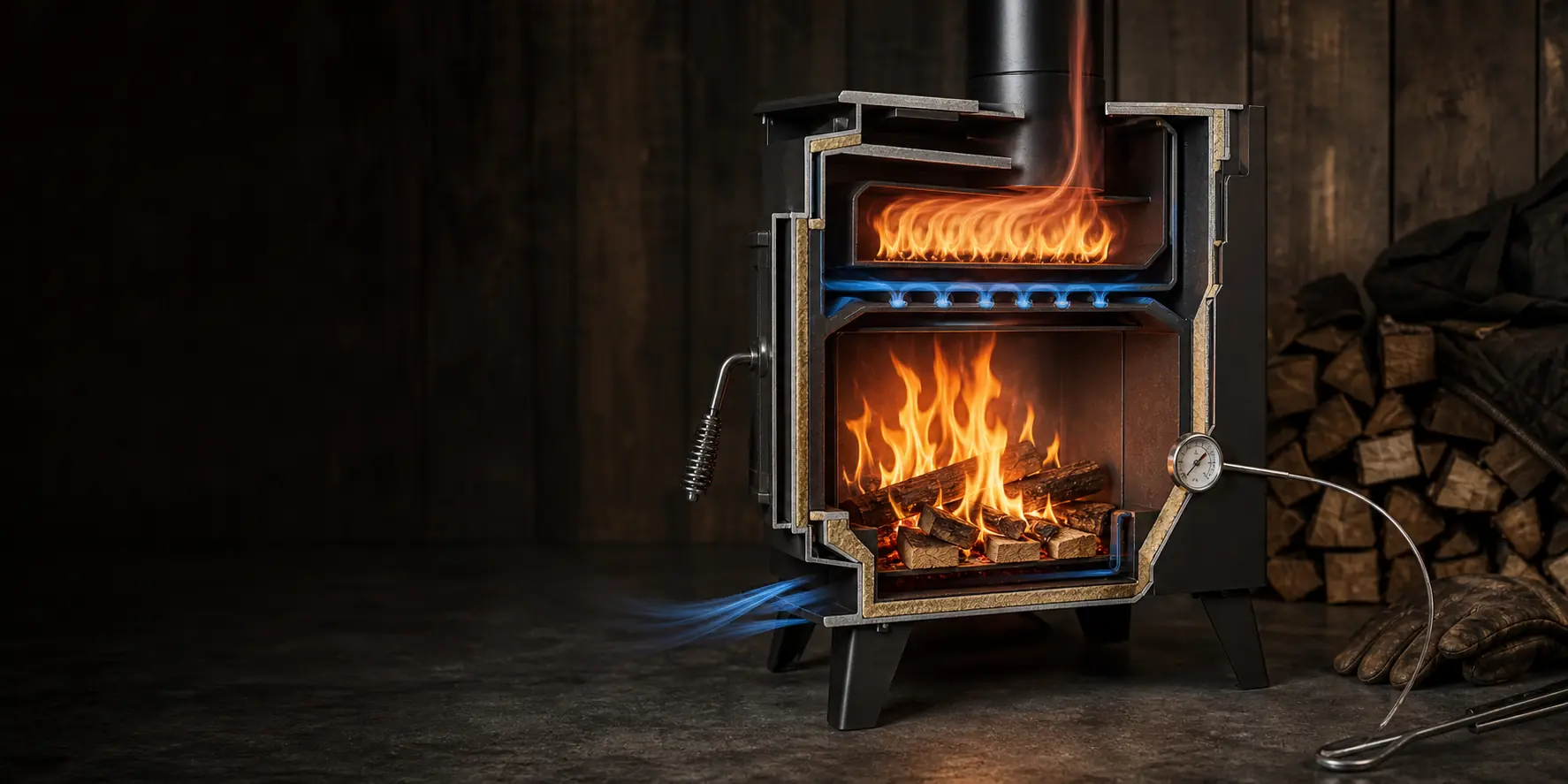 Illustrative cutaway of an outdoor stove showing secondary-air zones, airflow paths, and design notes
