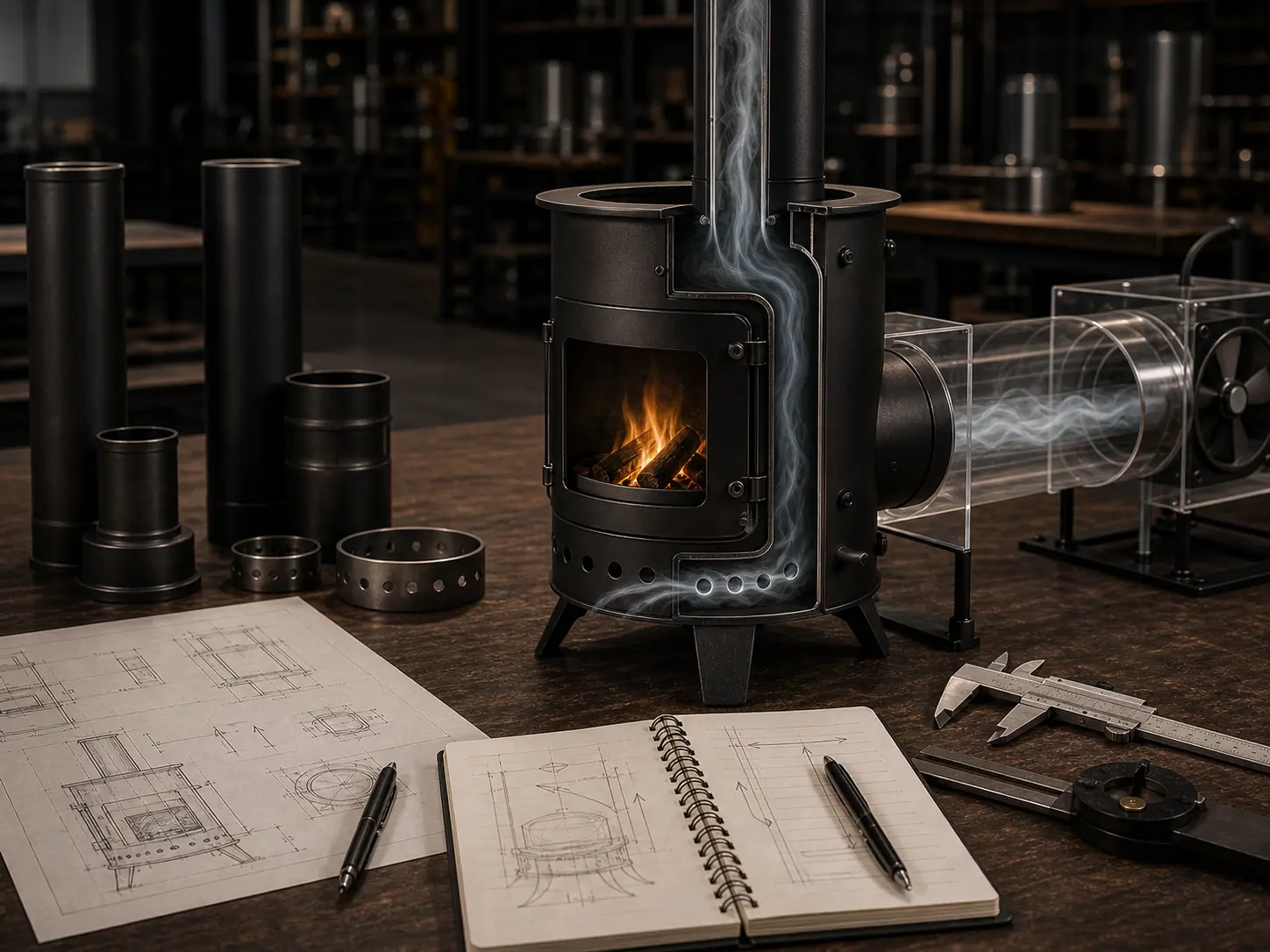 Illustrative airflow-design concept with intake openings, chimney routing, and workshop tools