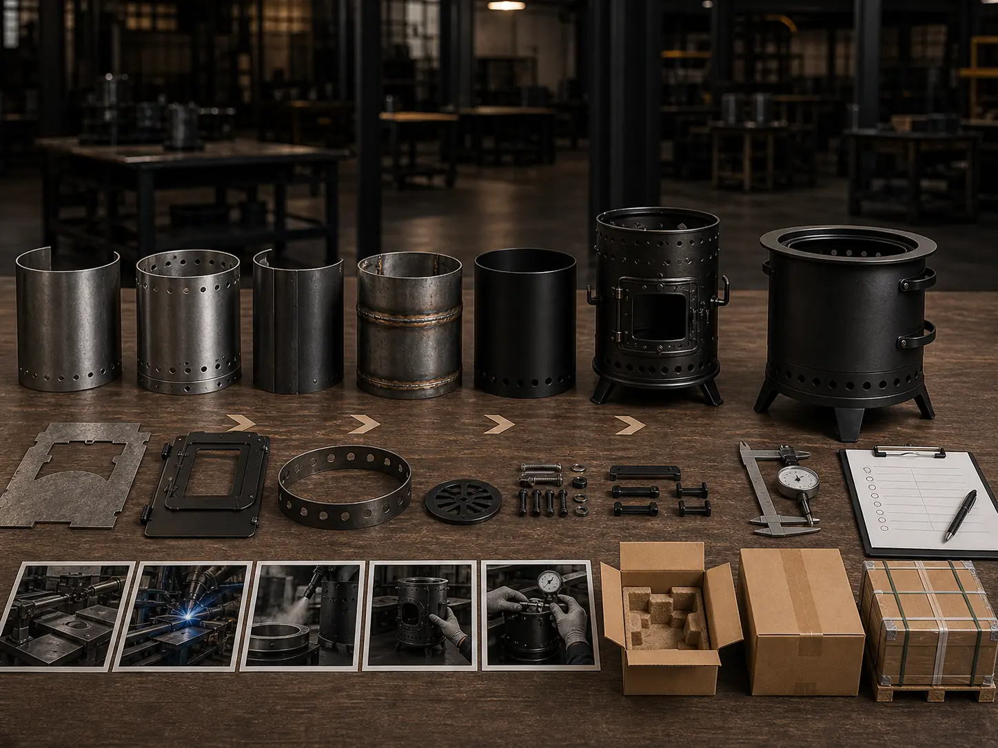 Illustrative outdoor stove manufacturing workflow with metal parts, assembly, and packaging