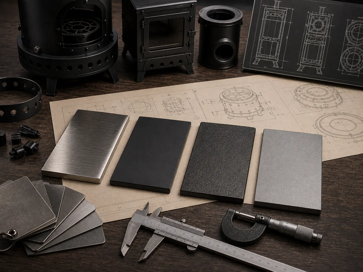 Illustrative stove material comparison with metal samples and measuring tools