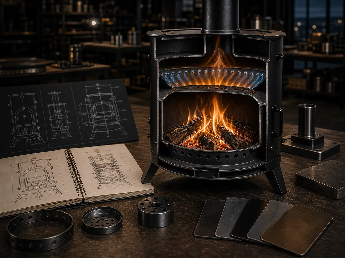 Illustrative outdoor stove cutaway with secondary-air concepts and engineering sketches
