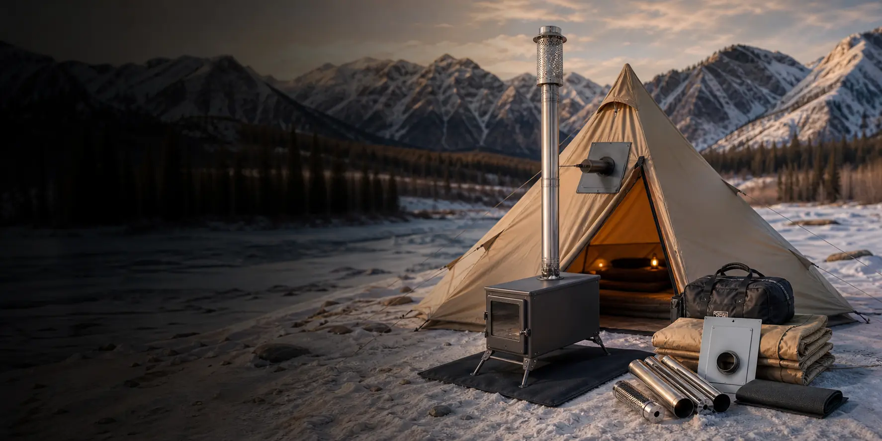 Winter hot tent campsite with tent stove, chimney setup, and warm interior light