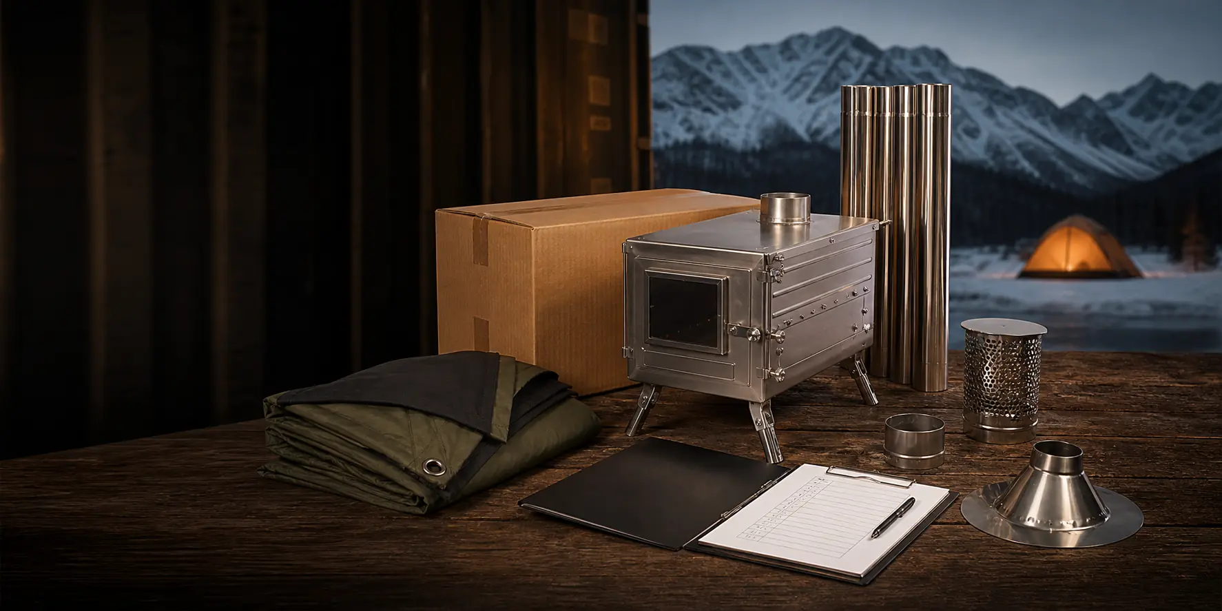 Illustrative tent stove export-planning scene with chimney accessories, packaging, and product documents