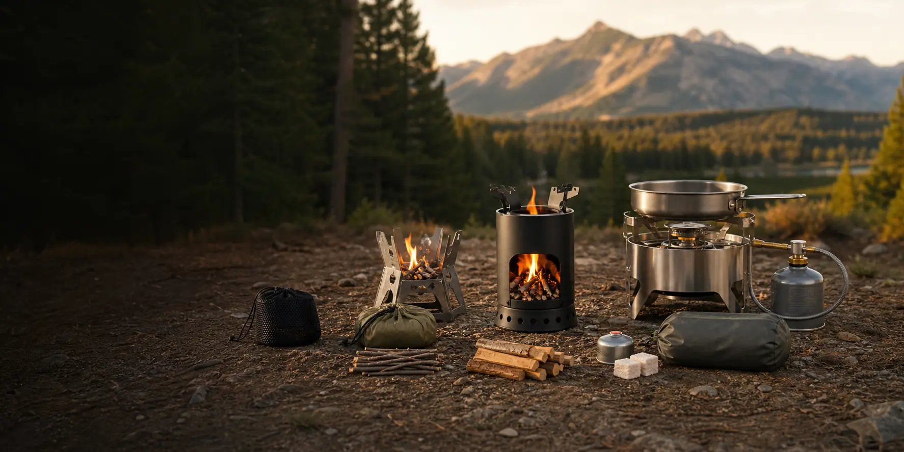 Outdoor stove buying guide comparison desk with product samples, fuel samples, packing gear, and checklist sheets