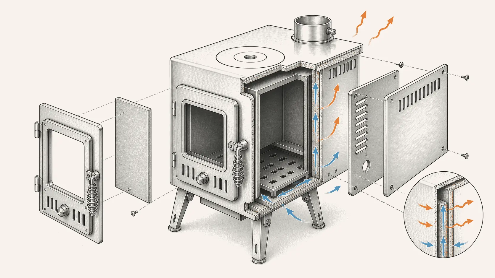 Illustrative cutaway view showing a double-wall stove body concept