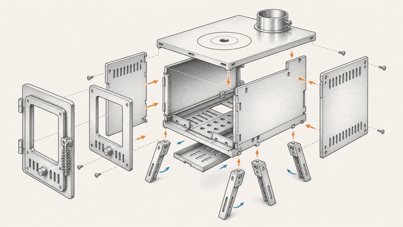 Illustrative exploded view showing removable panels and folding legs