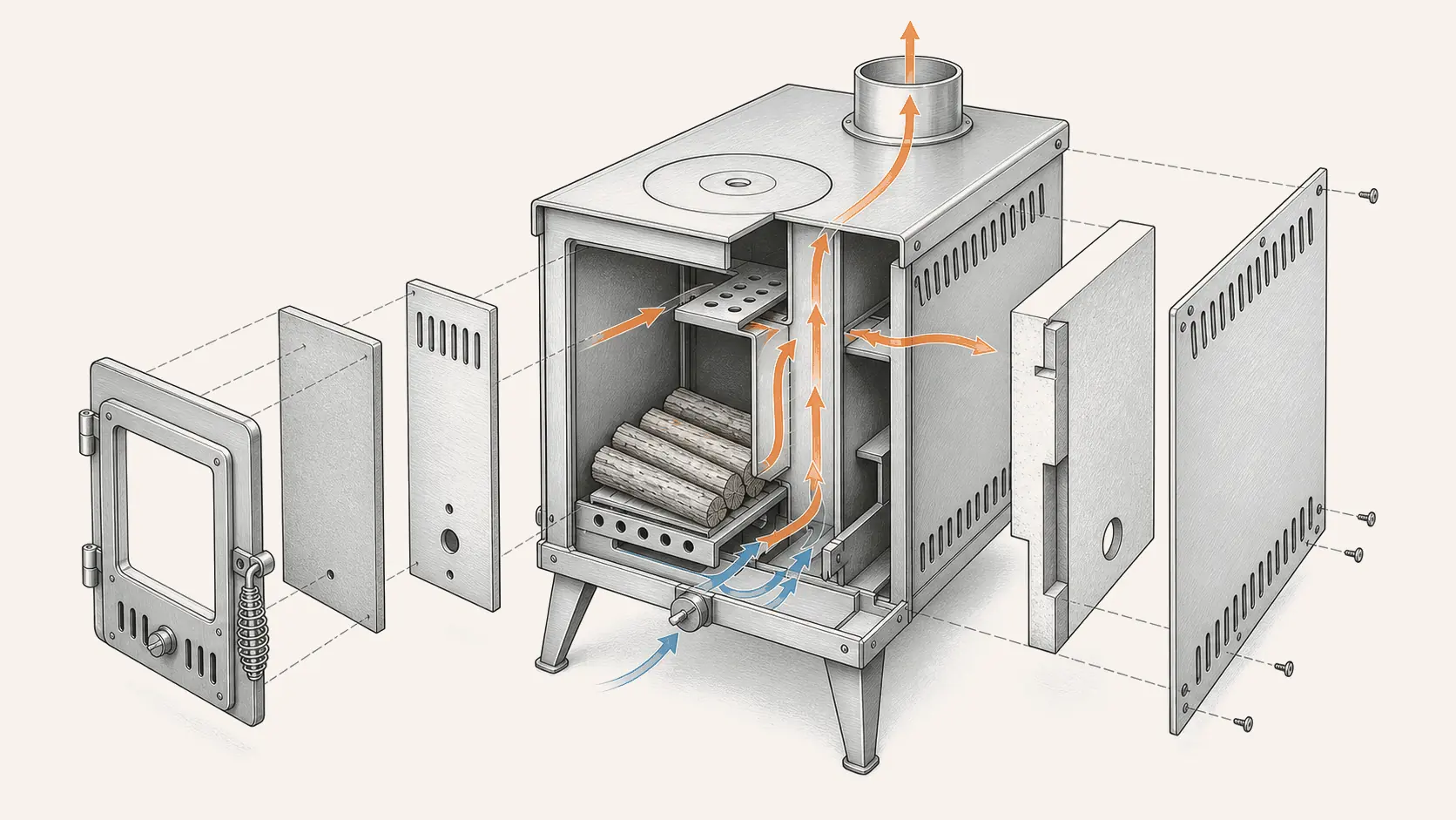 Illustrative exploded view showing a staged combustion airflow concept
